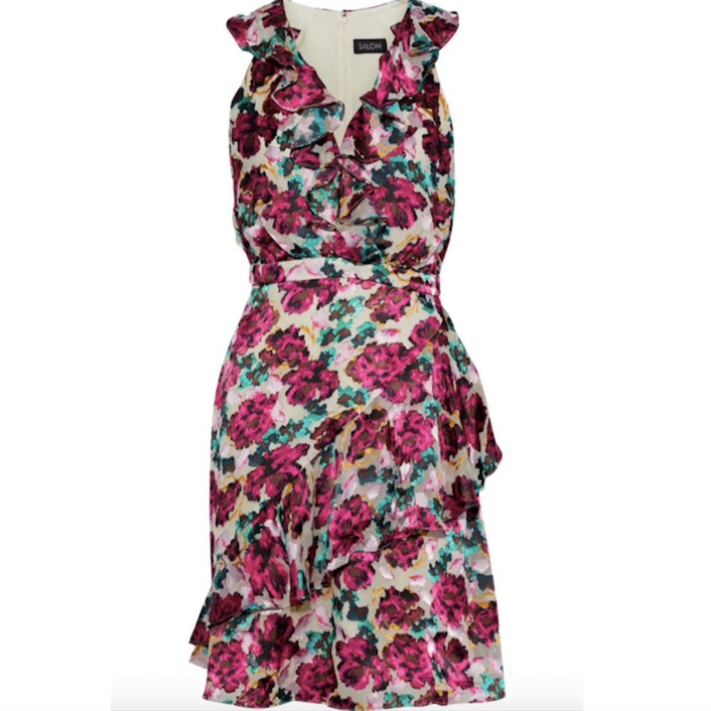 Saloni Rita Ruffled Floral Fil Coupé Chiffon Dress - Picture 2 of 8